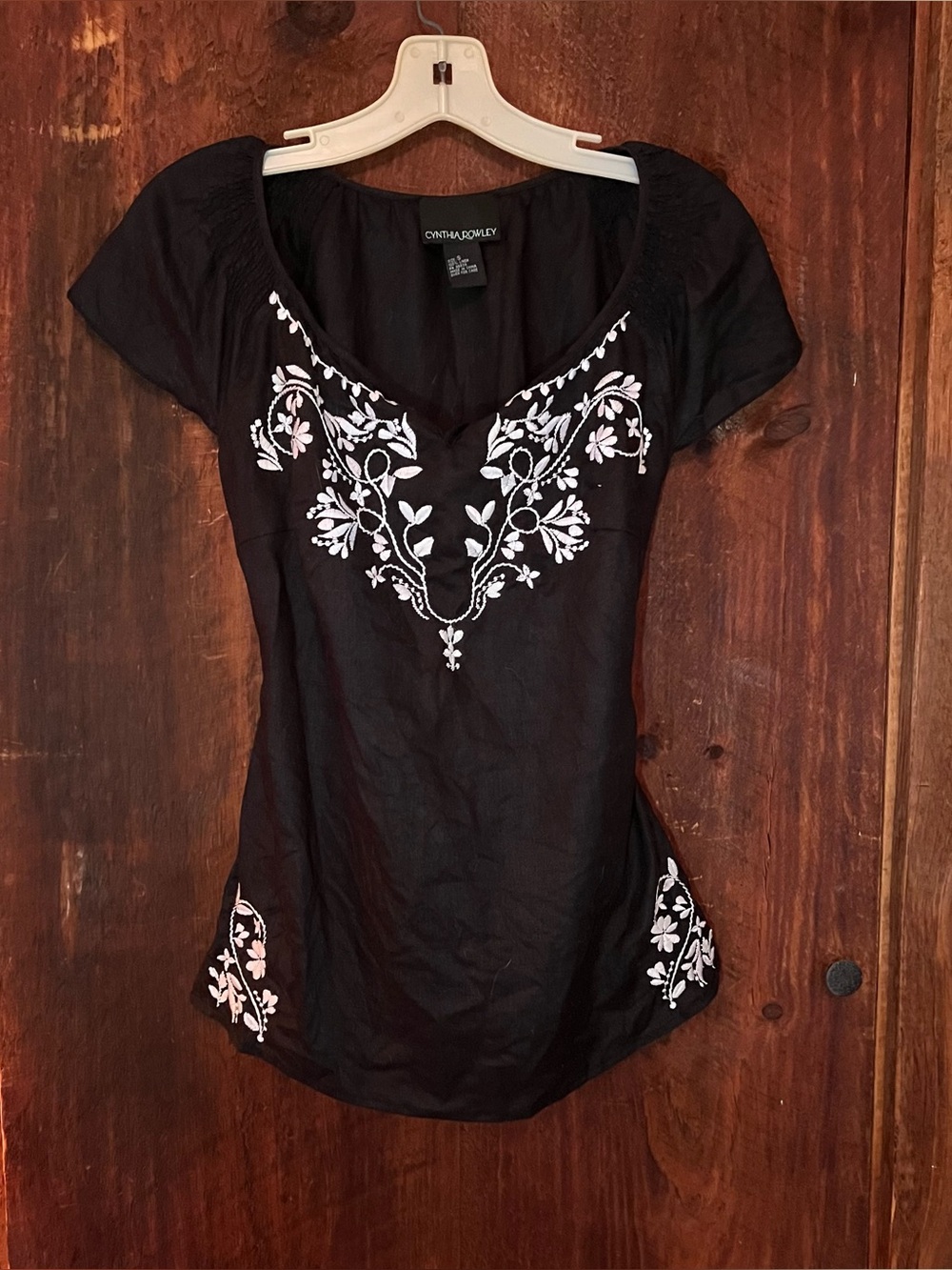 Cynthia Rowley Black Embroidered Short-Sleeve Women's Top